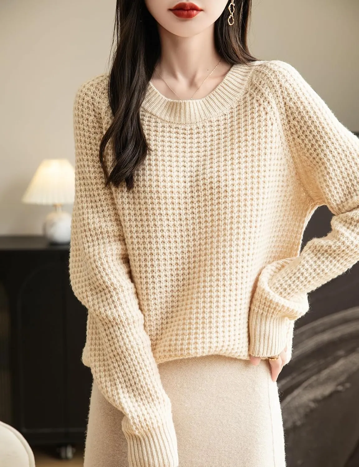 Women's Crewneck 100% Merino Wool Sweater 2025 Fall Winter Waffle Knit Sweater Casual Warm Long Sleeve Pullover