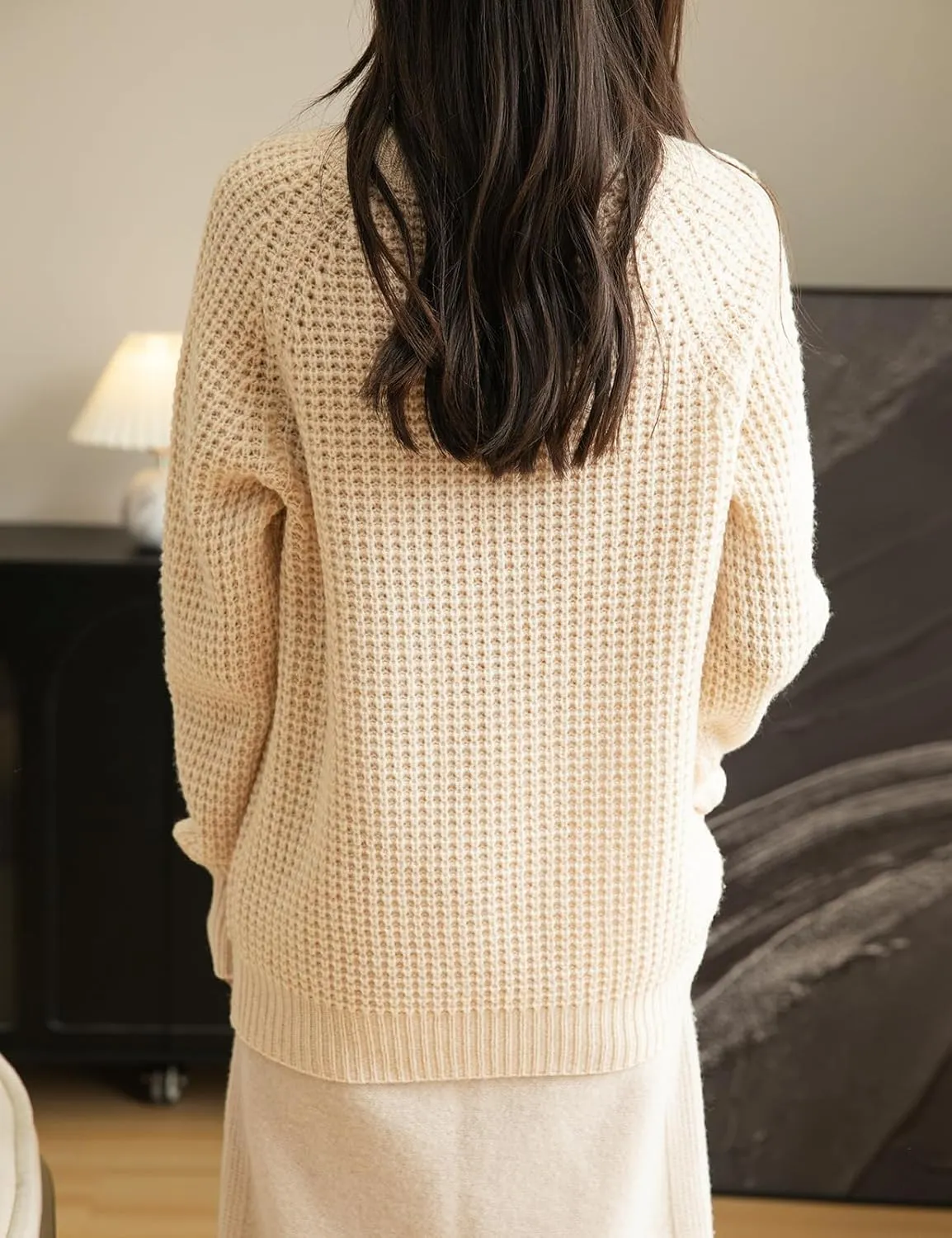 Women's Crewneck 100% Merino Wool Sweater 2025 Fall Winter Waffle Knit Sweater Casual Warm Long Sleeve Pullover