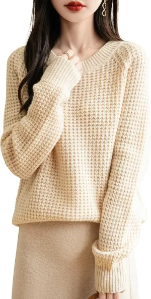 Women's Crewneck 100% Merino Wool Sweater 2025 Fall Winter Waffle Knit Sweater Casual Warm Long Sleeve Pullover