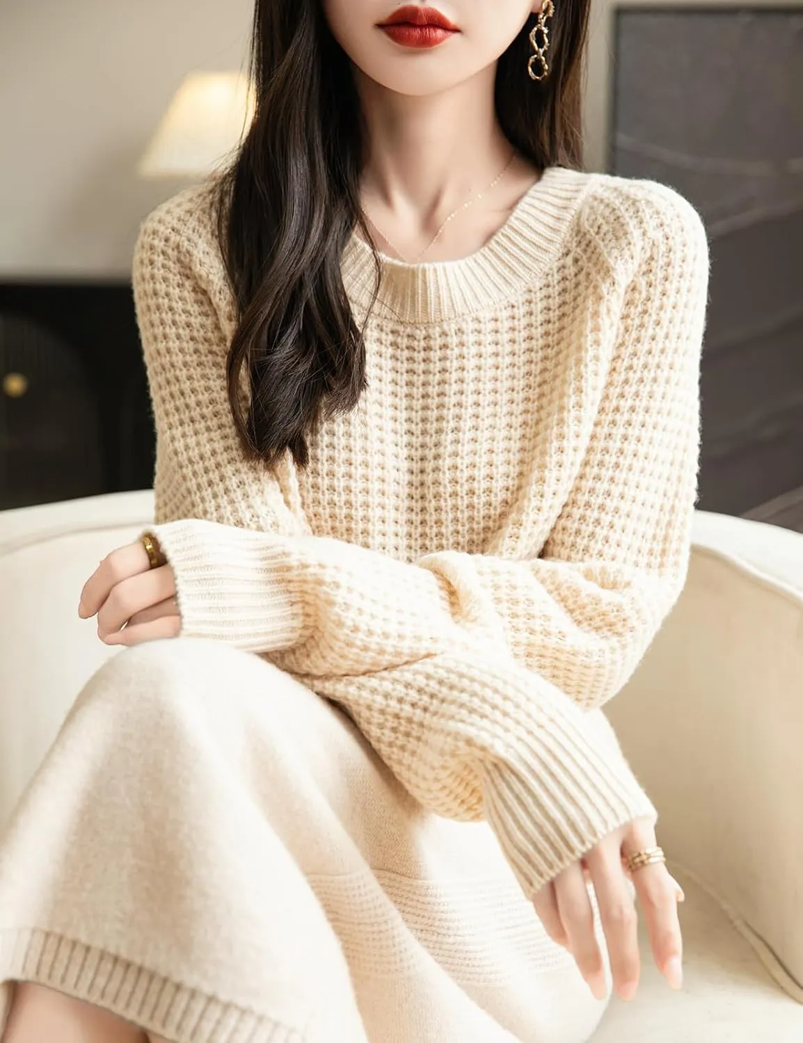 Women's Crewneck 100% Merino Wool Sweater 2025 Fall Winter Waffle Knit Sweater Casual Warm Long Sleeve Pullover