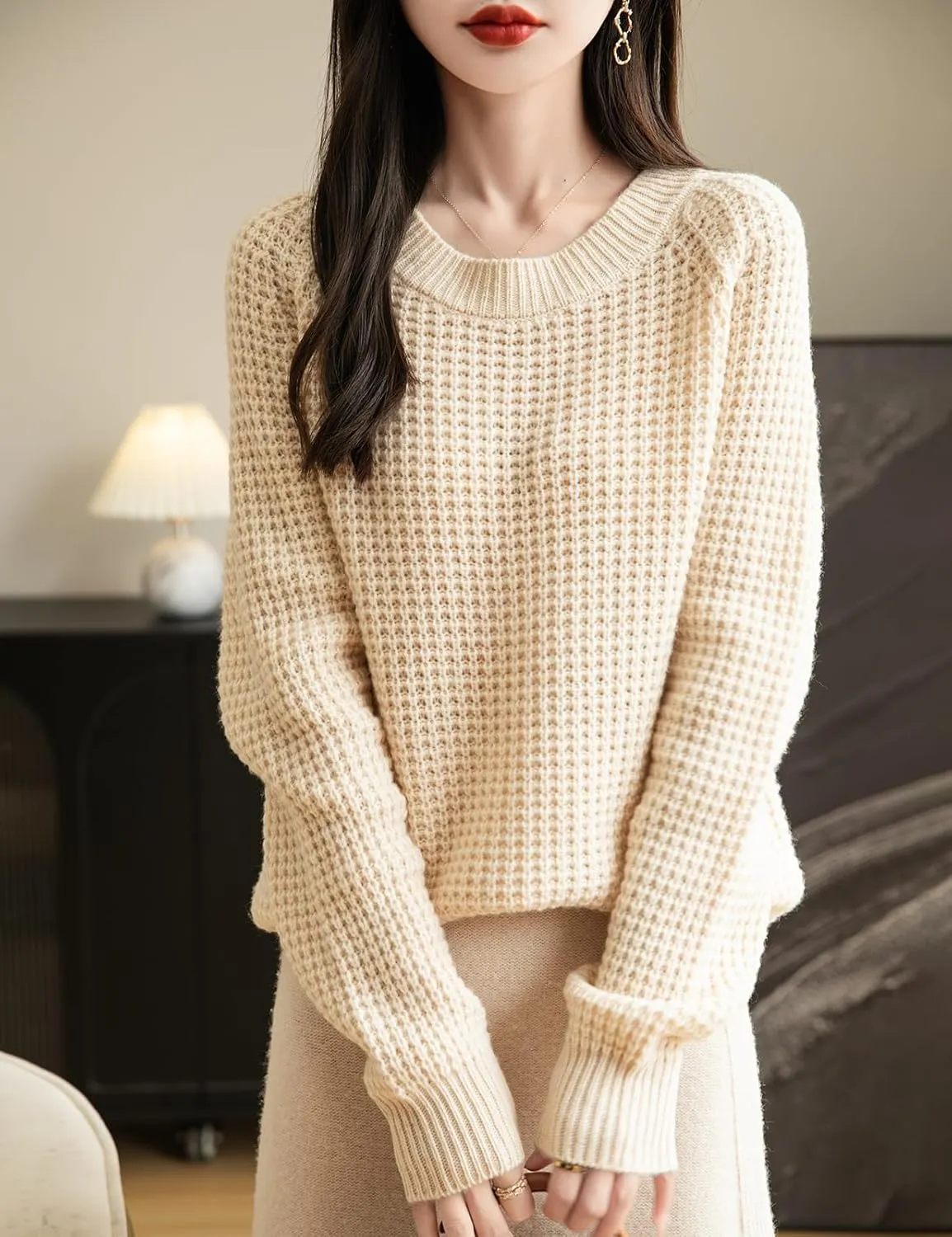 Women's Crewneck 100% Merino Wool Sweater 2025 Fall Winter Waffle Knit Sweater Casual Warm Long Sleeve Pullover