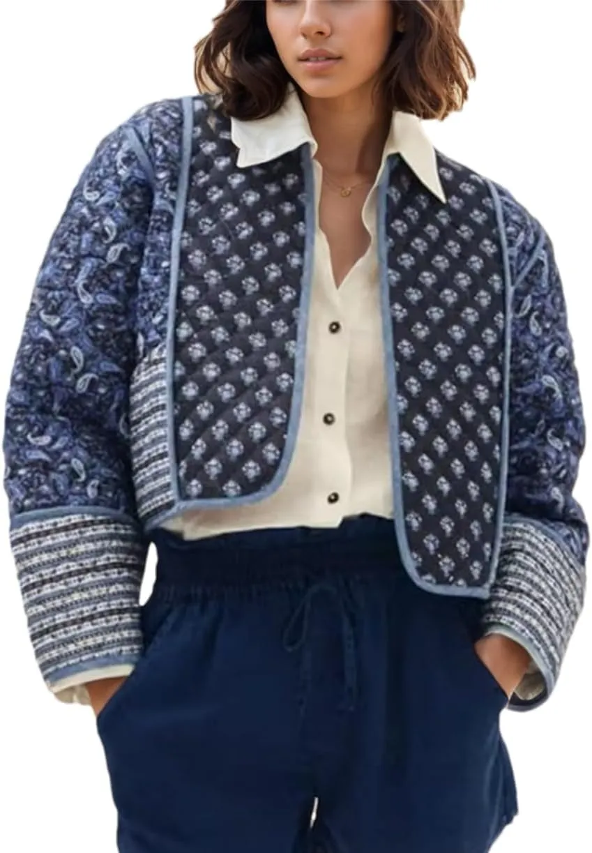 Women's Cropped Floral Quilted Jacket Lightweight Open Front Padded Puffer Coat