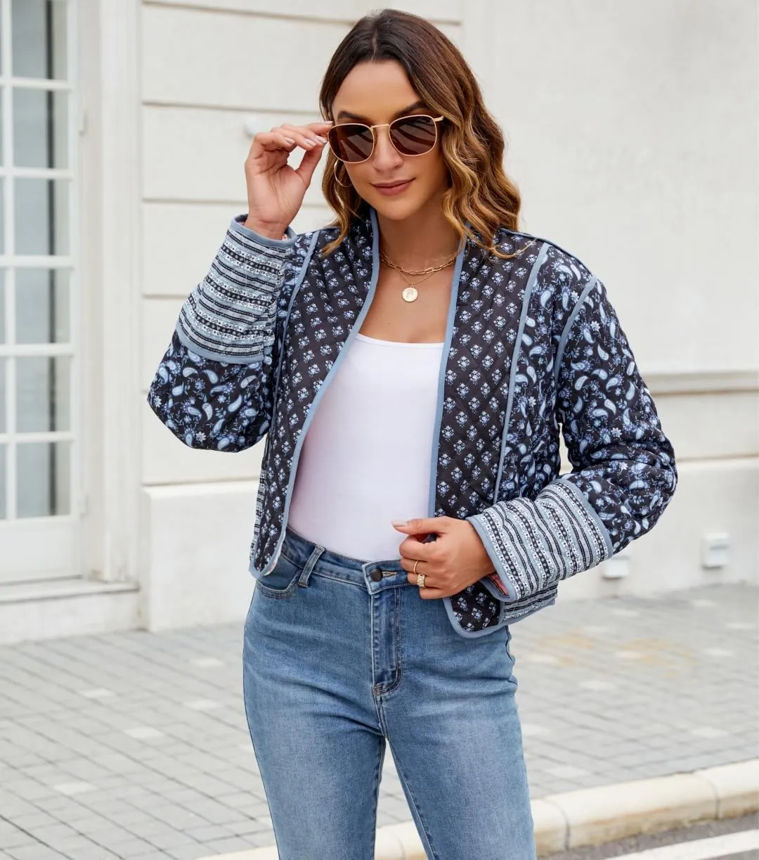 Women's Cropped Floral Quilted Jacket Lightweight Open Front Padded Puffer Coat