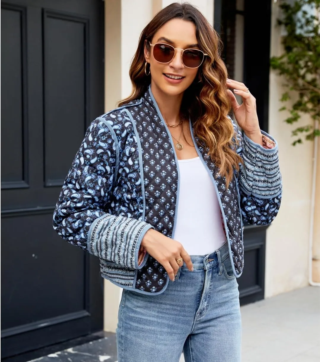 Women's Cropped Floral Quilted Jacket Lightweight Open Front Padded Puffer Coat