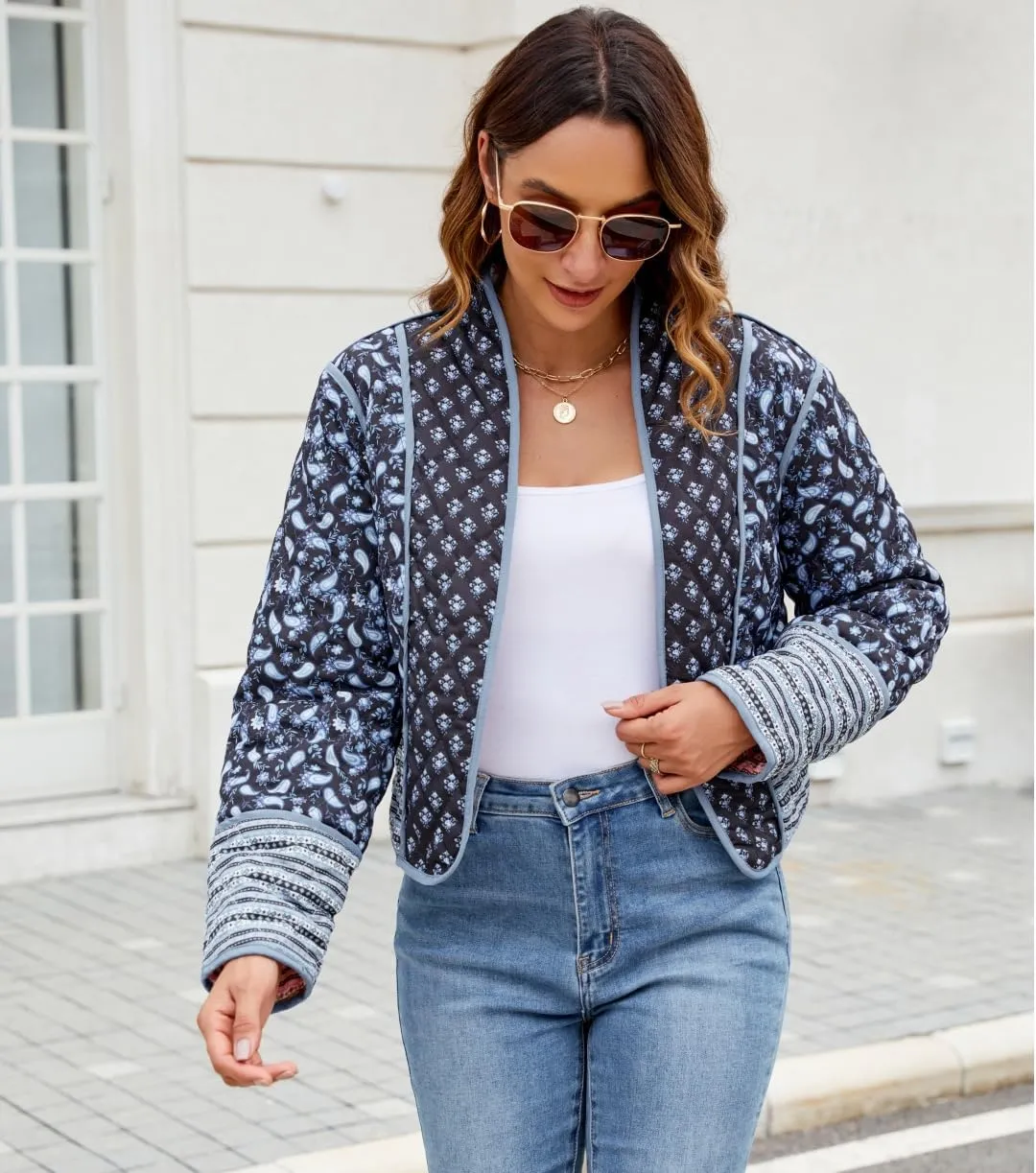 Women's Cropped Floral Quilted Jacket Lightweight Open Front Padded Puffer Coat