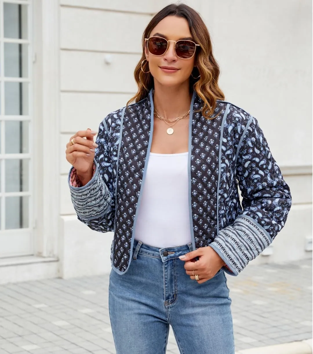 Women's Cropped Floral Quilted Jacket Lightweight Open Front Padded Puffer Coat