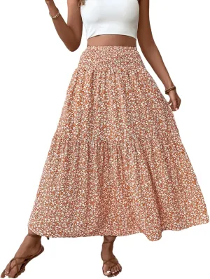 Women's Floral Maxi Skirts Summer Print Elastic High Waisted Ruffle Hem Skorts Casual Flowy Boho Long Beach Skirts