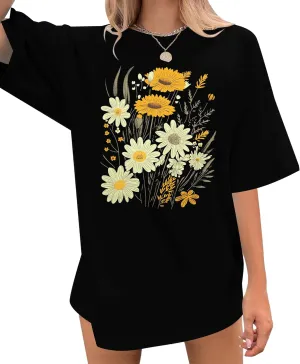 Womens Oversized Graphic Tshirt: Vintage Wildflower Shirt Boho Hiking T Shirt Nature Life Tee Summer Plant Tops