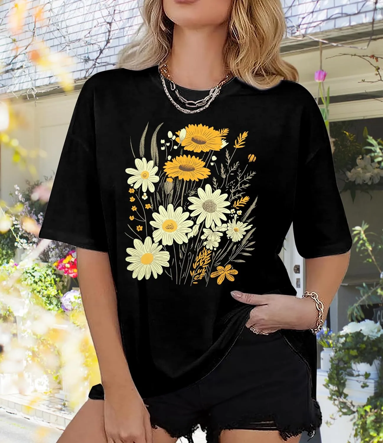 Womens Oversized Graphic Tshirt: Vintage Wildflower Shirt Boho Hiking T Shirt Nature Life Tee Summer Plant Tops