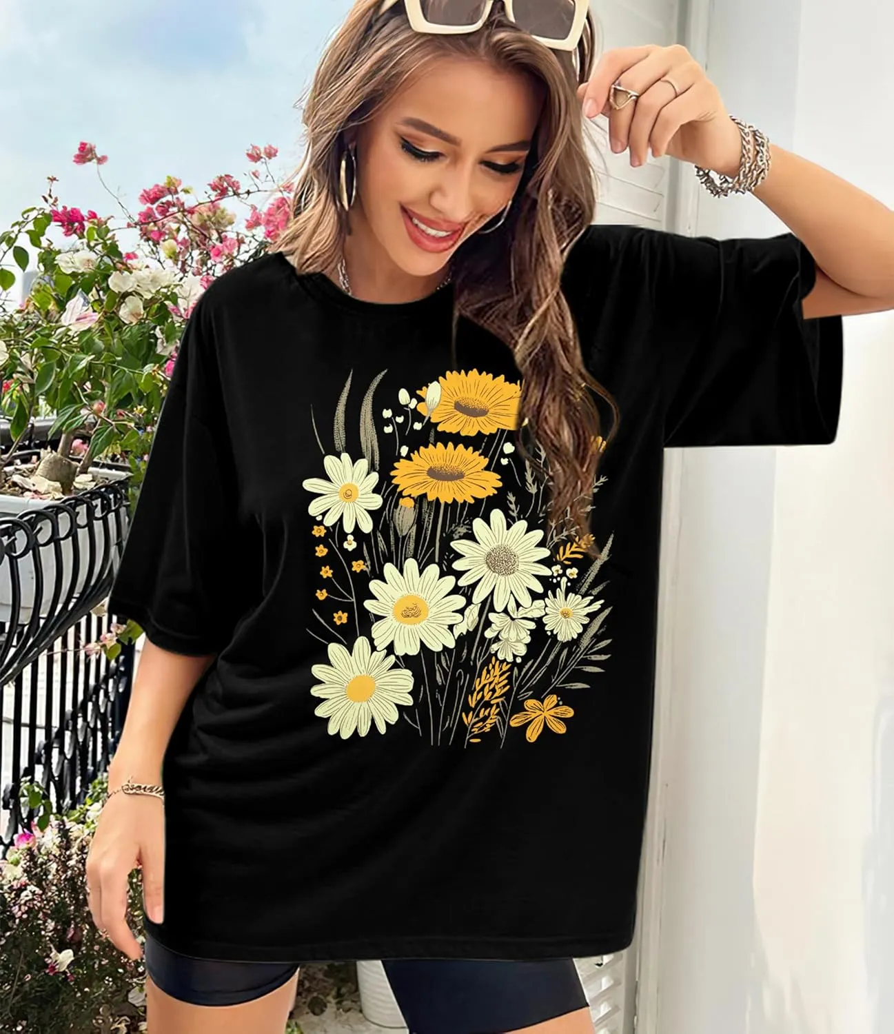 Womens Oversized Graphic Tshirt: Vintage Wildflower Shirt Boho Hiking T Shirt Nature Life Tee Summer Plant Tops