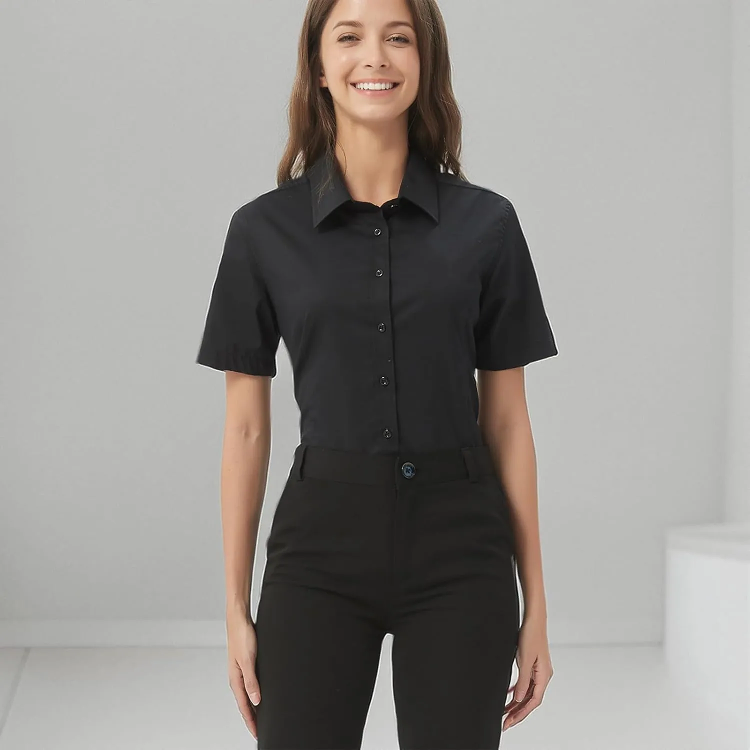 Women's Slim-Fit Button Down Shirts Stretchy Cotton Long Sleeve Work Blouse