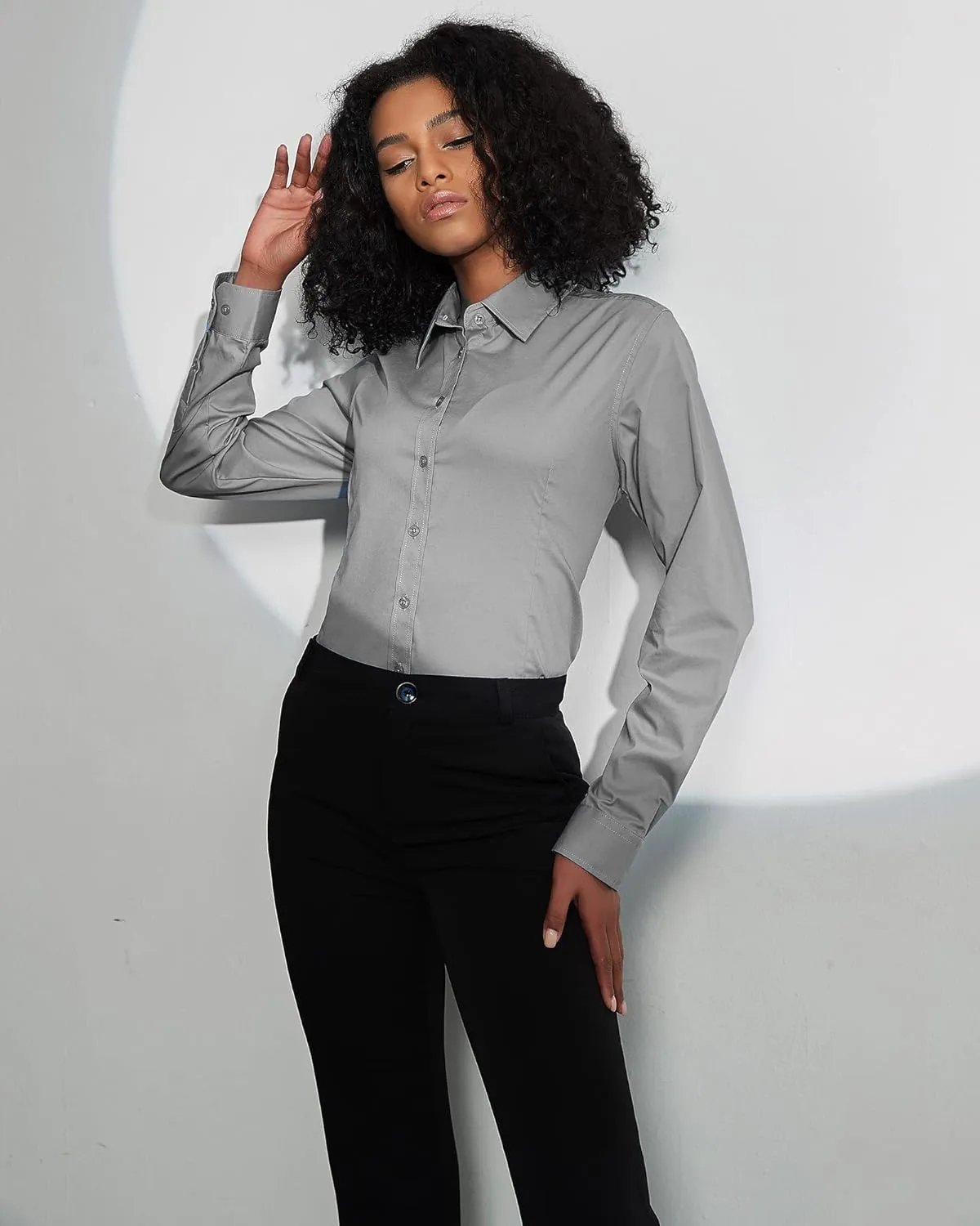 Women's Slim-Fit Button Down Shirts Stretchy Cotton Long Sleeve Work Blouse