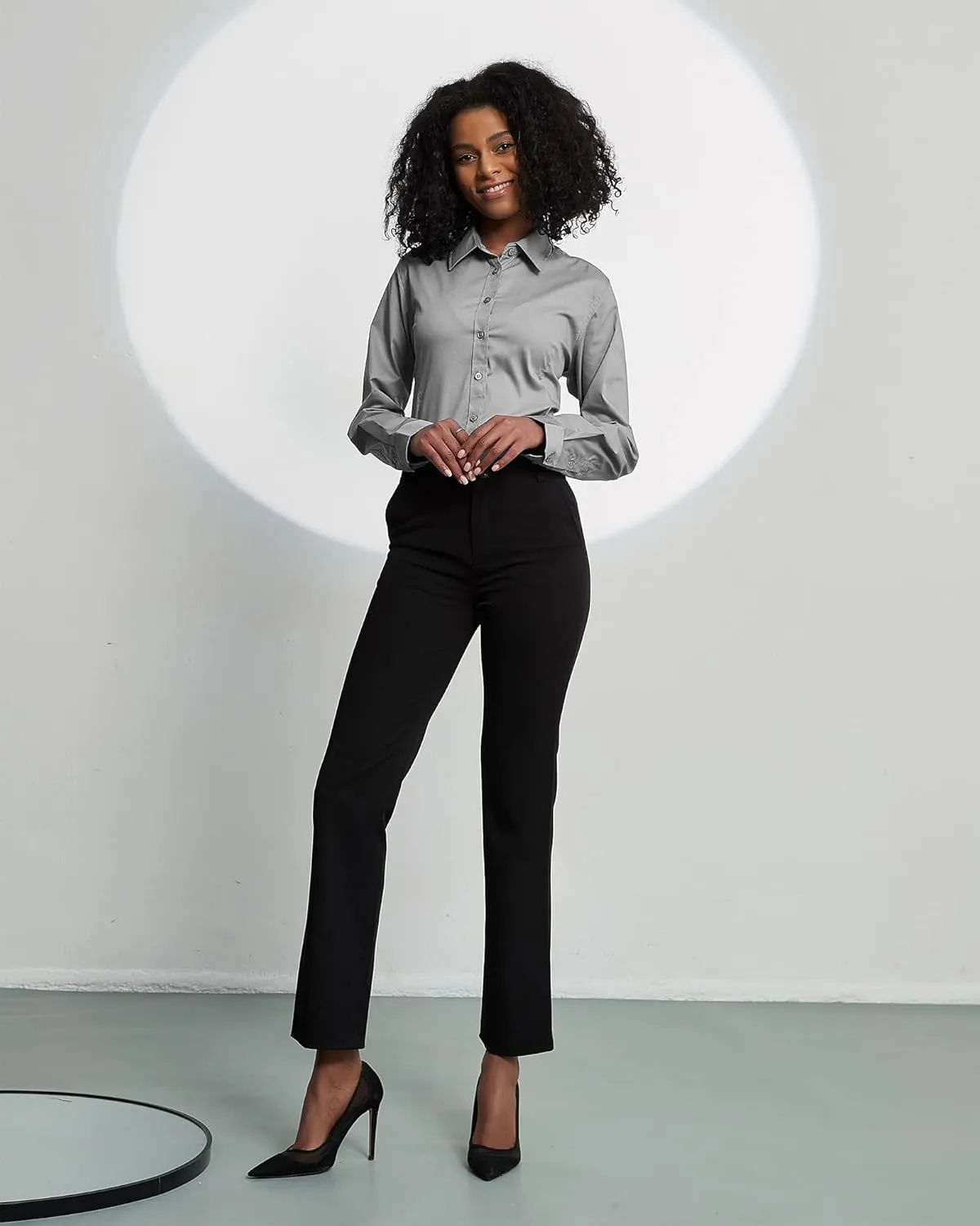 Women's Slim-Fit Button Down Shirts Stretchy Cotton Long Sleeve Work Blouse