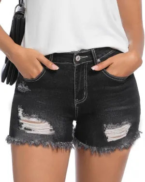 Women's Stretchy Jeans Shorts Mid Rise Ripped Frayed Raw Hem Denim Shorts