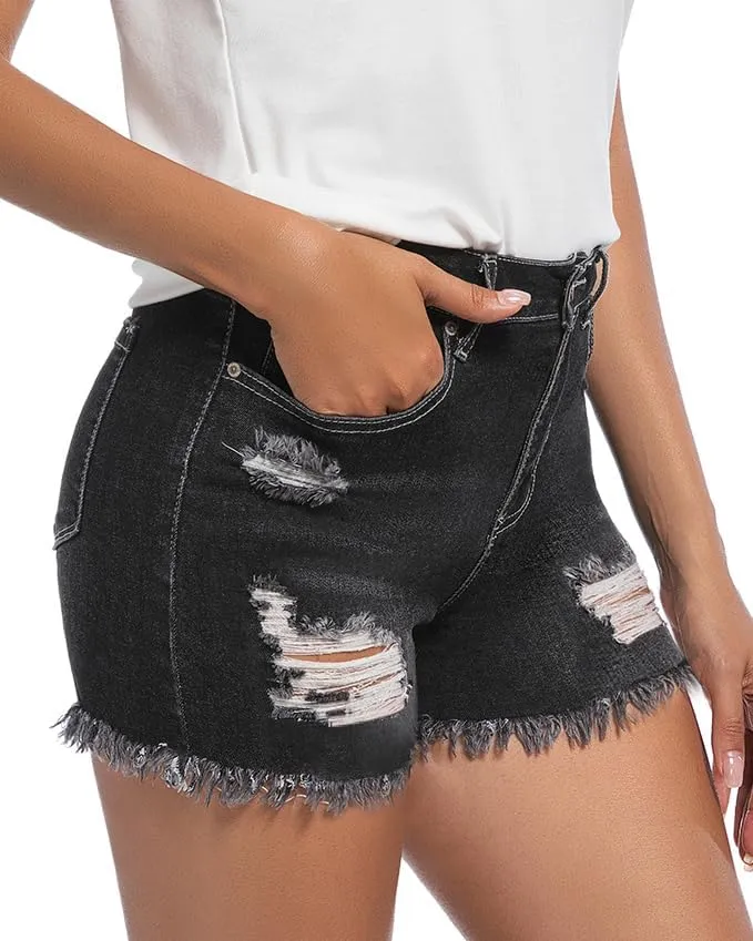 Women's Stretchy Jeans Shorts Mid Rise Ripped Frayed Raw Hem Denim Shorts