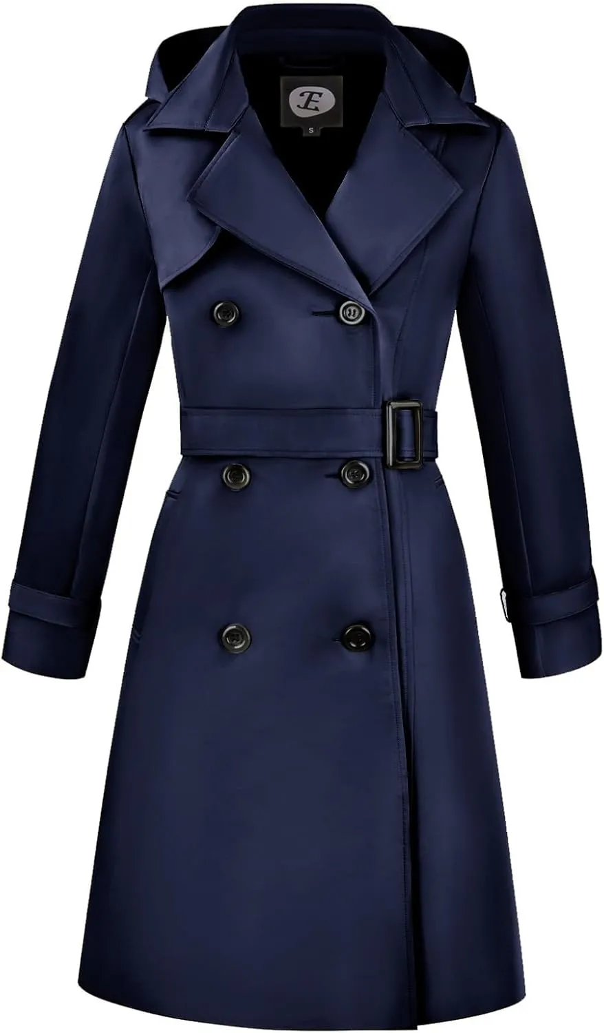 Women's Windproof Double-Breasted Trench Coat Knee-Length Trench Jacket Water-Repellent Outwear with Removable Hood