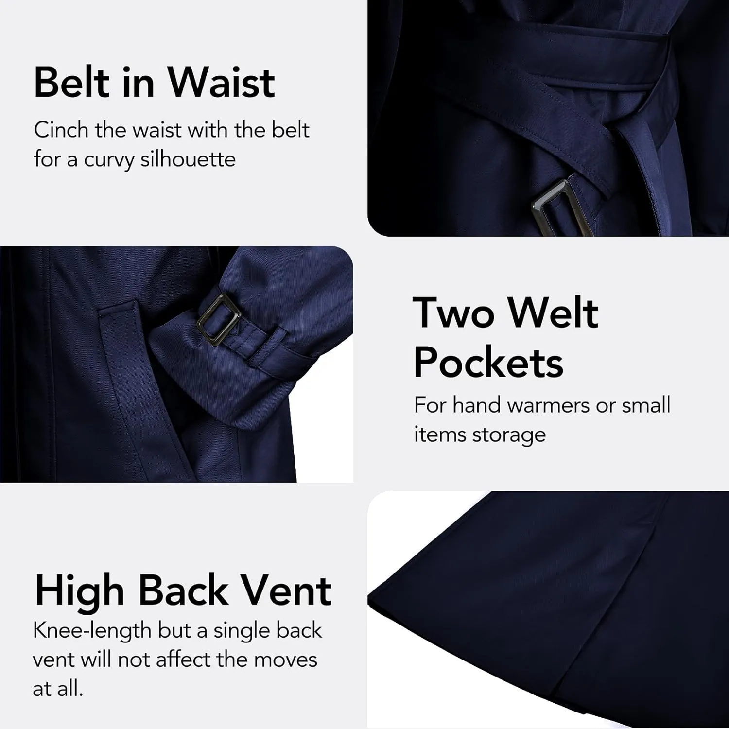 Women's Windproof Double-Breasted Trench Coat Knee-Length Trench Jacket Water-Repellent Outwear with Removable Hood