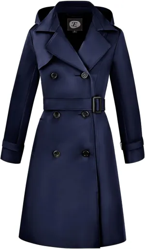 Women's Windproof Double-Breasted Trench Coat Knee-Length Trench Jacket Water-Repellent Outwear with Removable Hood