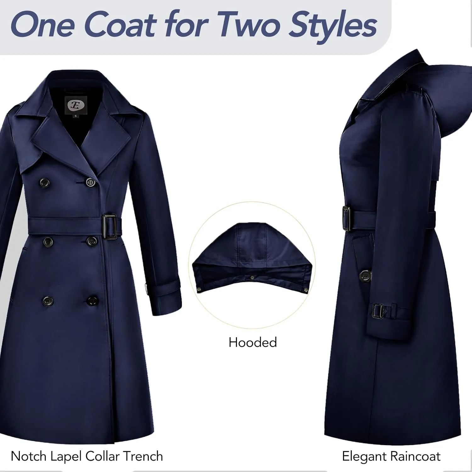 Women's Windproof Double-Breasted Trench Coat Knee-Length Trench Jacket Water-Repellent Outwear with Removable Hood