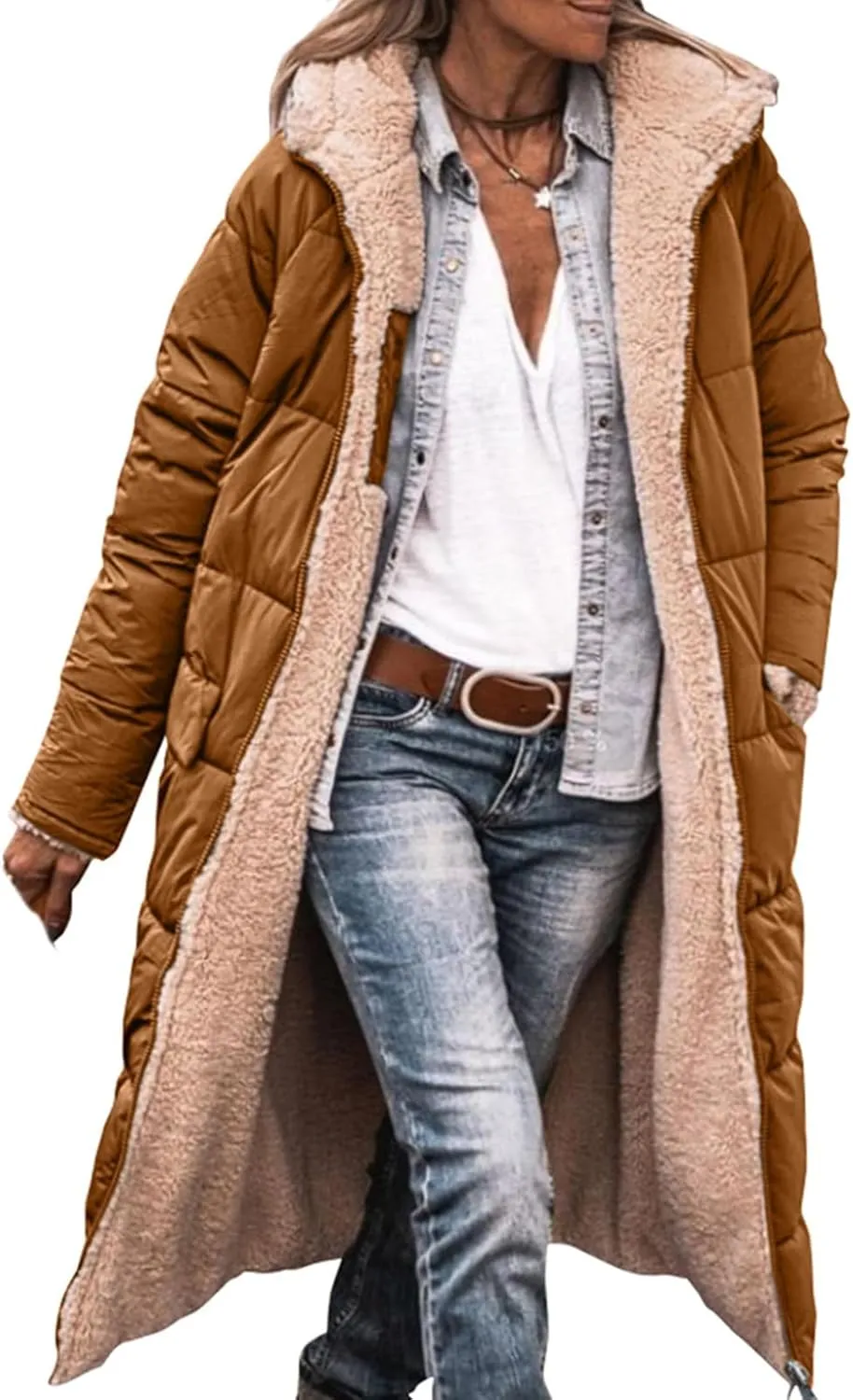 Women's Winter Hooded Quilted Coat Fleece Lined Long Puffer Jacket Winter Fashion Warm Reversible Zip Up Padded Coat
