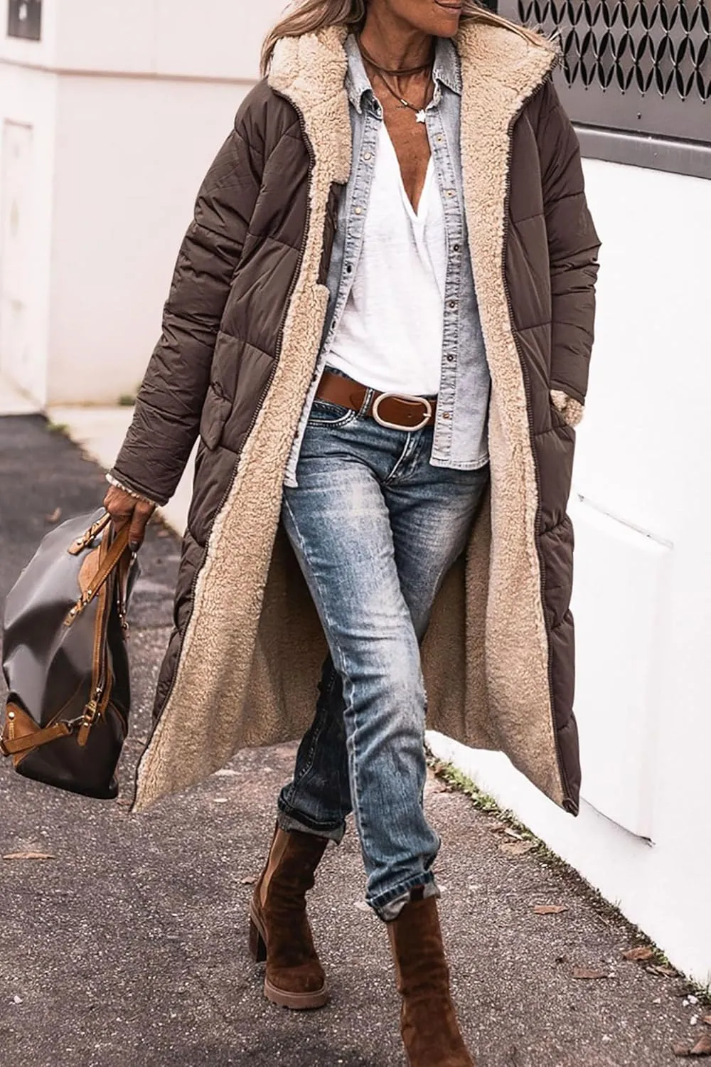 Women's Winter Hooded Quilted Coat Fleece Lined Long Puffer Jacket Winter Fashion Warm Reversible Zip Up Padded Coat