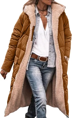 Women's Winter Hooded Quilted Coat Fleece Lined Long Puffer Jacket Winter Fashion Warm Reversible Zip Up Padded Coat