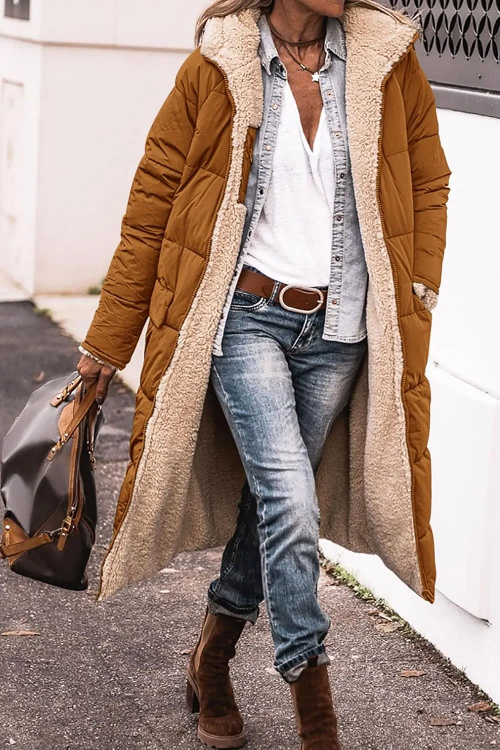 Women's Winter Hooded Quilted Coat Fleece Lined Long Puffer Jacket Winter Fashion Warm Reversible Zip Up Padded Coat
