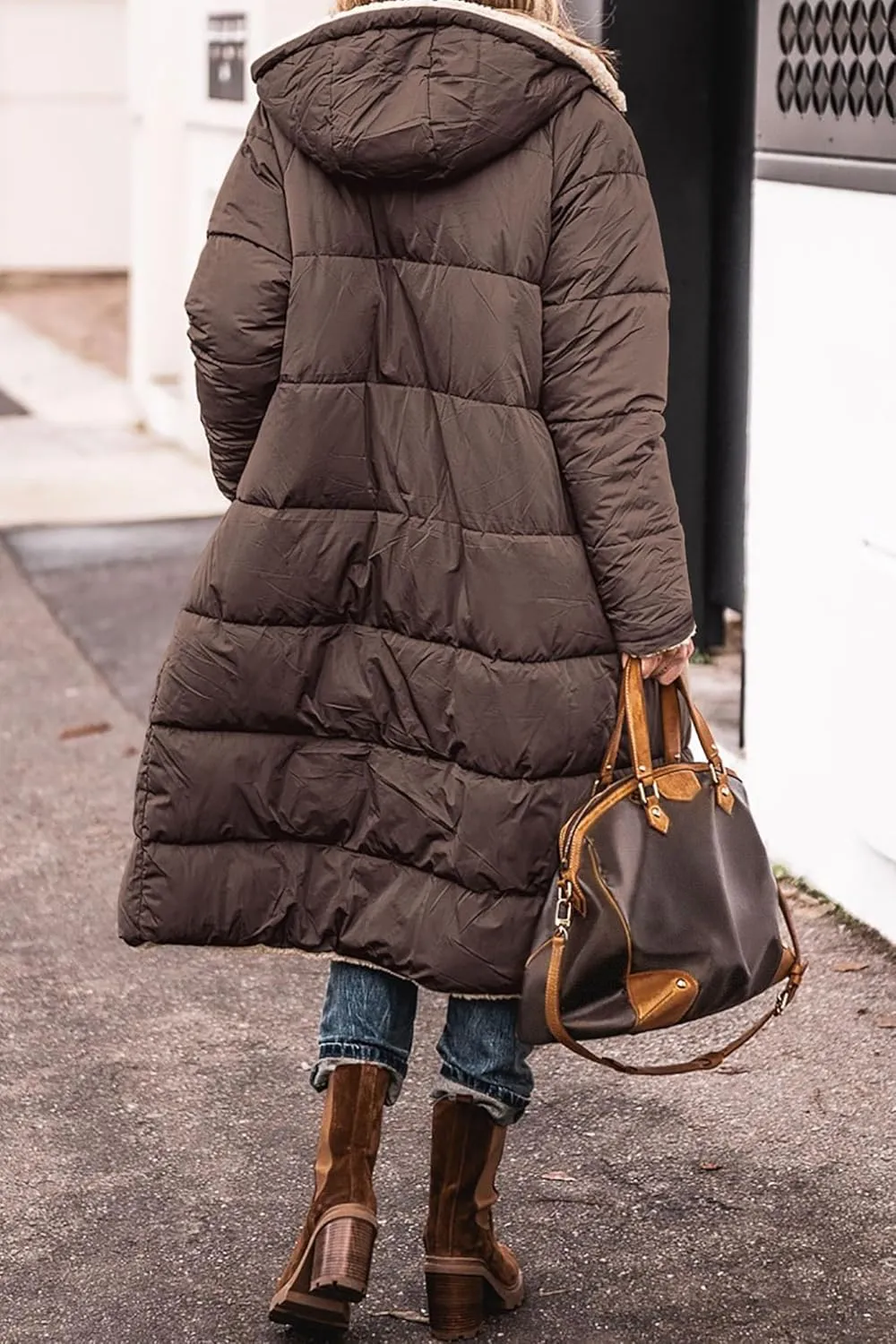 Women's Winter Hooded Quilted Coat Fleece Lined Long Puffer Jacket Winter Fashion Warm Reversible Zip Up Padded Coat