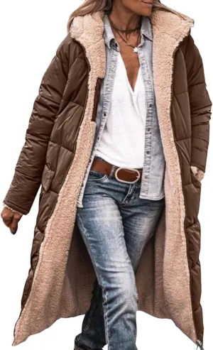 Women's Winter Hooded Quilted Coat Fleece Lined Long Puffer Jacket Winter Fashion Warm Reversible Zip Up Padded Coat