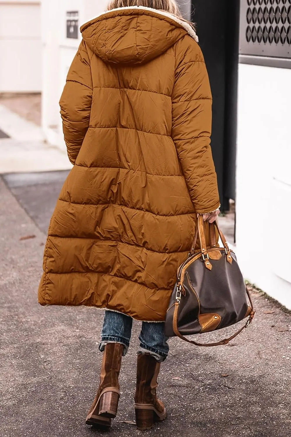 Women's Winter Hooded Quilted Coat Fleece Lined Long Puffer Jacket Winter Fashion Warm Reversible Zip Up Padded Coat