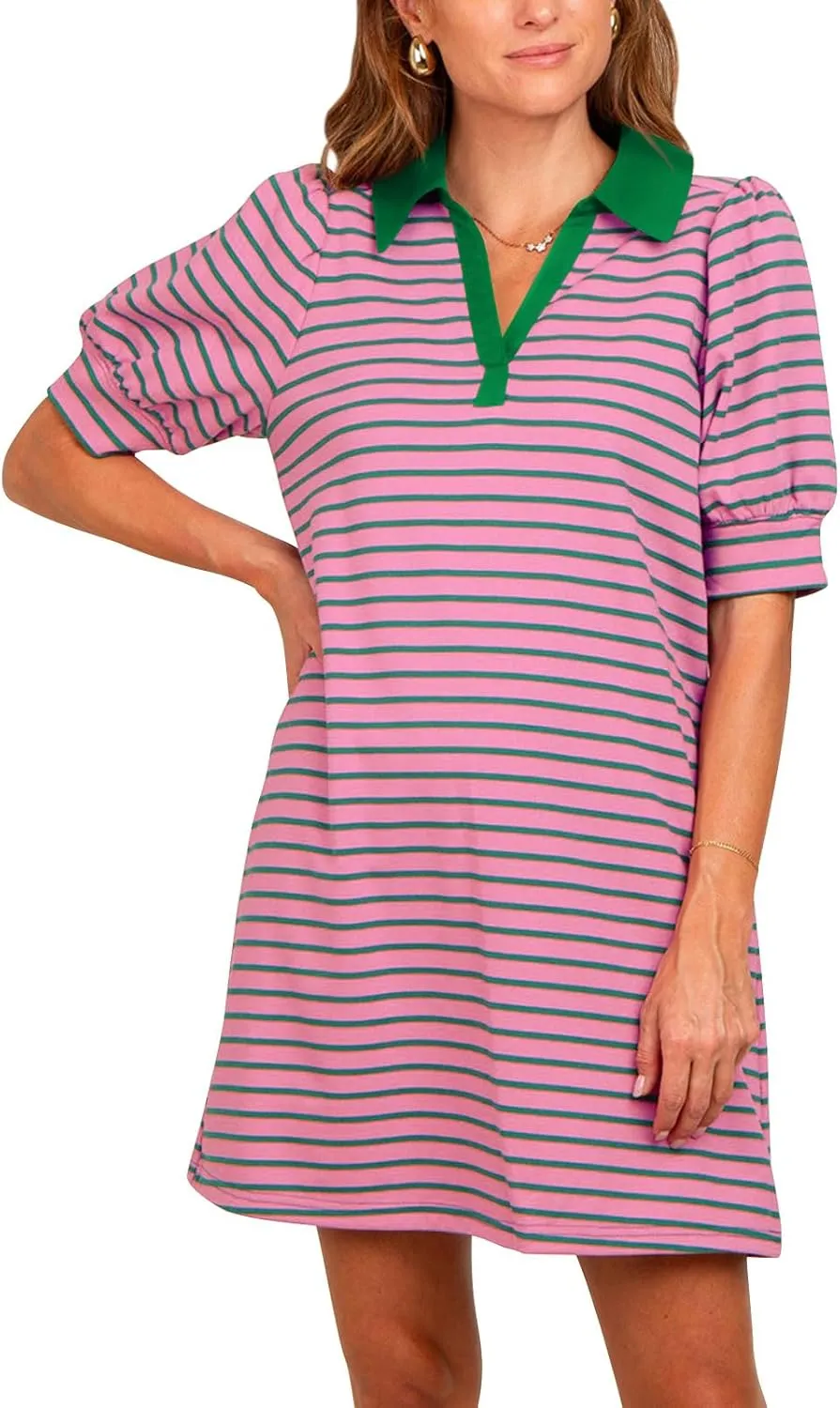 Yousify Women's Summer Lapel Collared V Neck Striped Dress Casual Puff Short Sleeve Polo Tshirt Dresses with Pockets