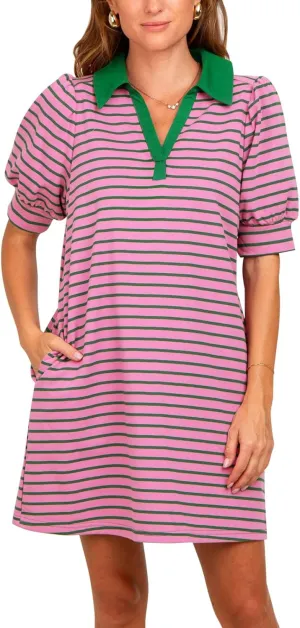 Yousify Women's Summer Lapel Collared V Neck Striped Dress Casual Puff Short Sleeve Polo Tshirt Dresses with Pockets
