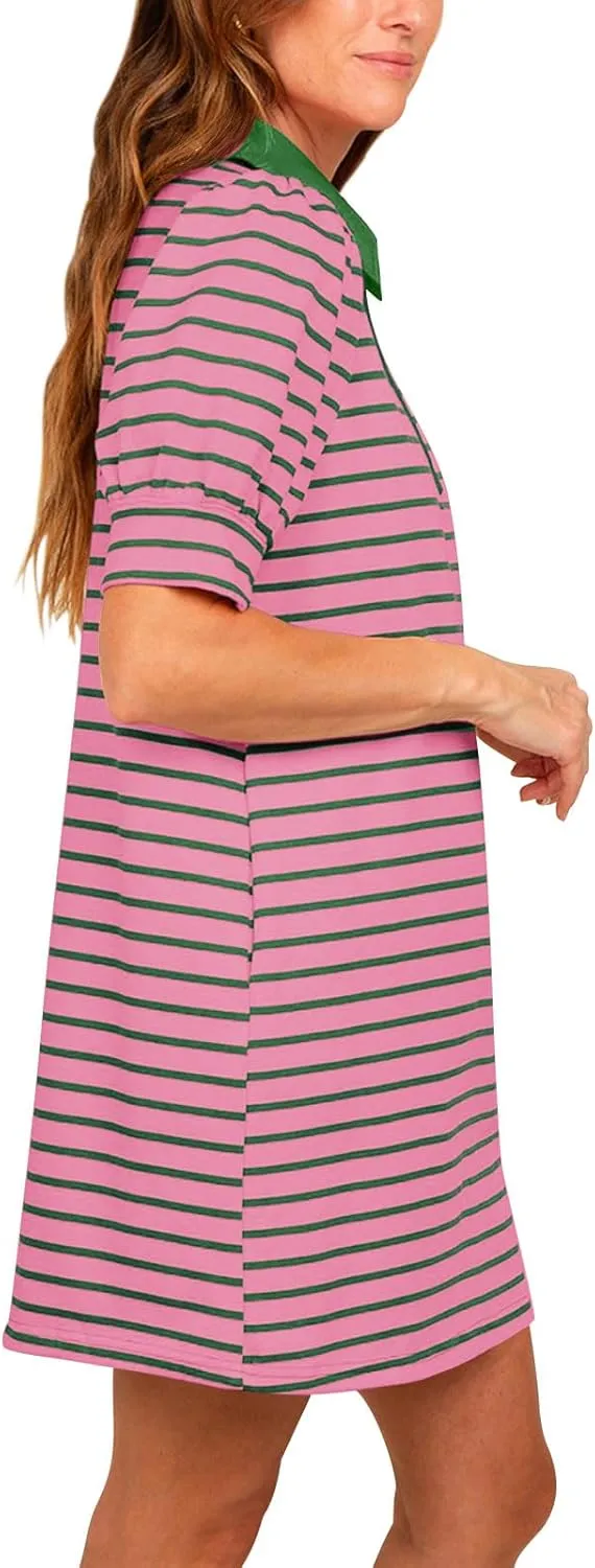 Yousify Women's Summer Lapel Collared V Neck Striped Dress Casual Puff Short Sleeve Polo Tshirt Dresses with Pockets