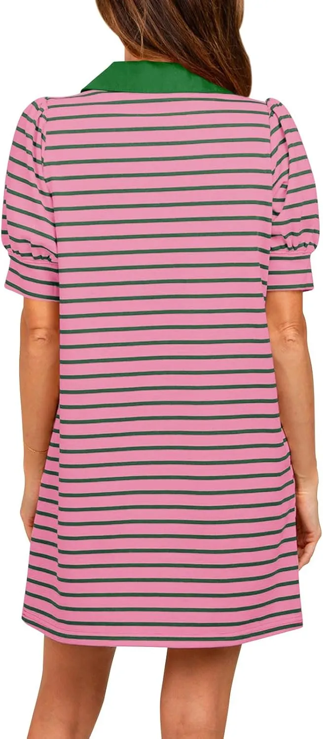 Yousify Women's Summer Lapel Collared V Neck Striped Dress Casual Puff Short Sleeve Polo Tshirt Dresses with Pockets