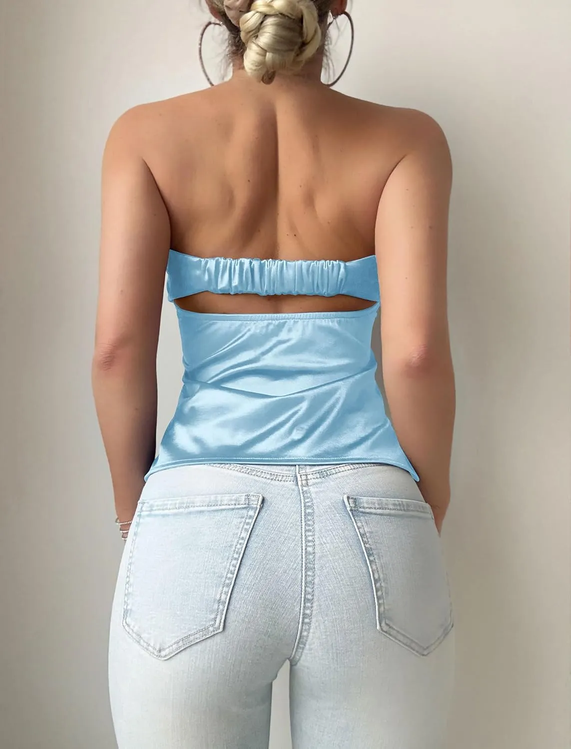 ZAFUL Women Satin Strapless Tube Tops Side Split Sleeveless Backless Bandeau Top Going Out Bustier Tops Silk Tank Top