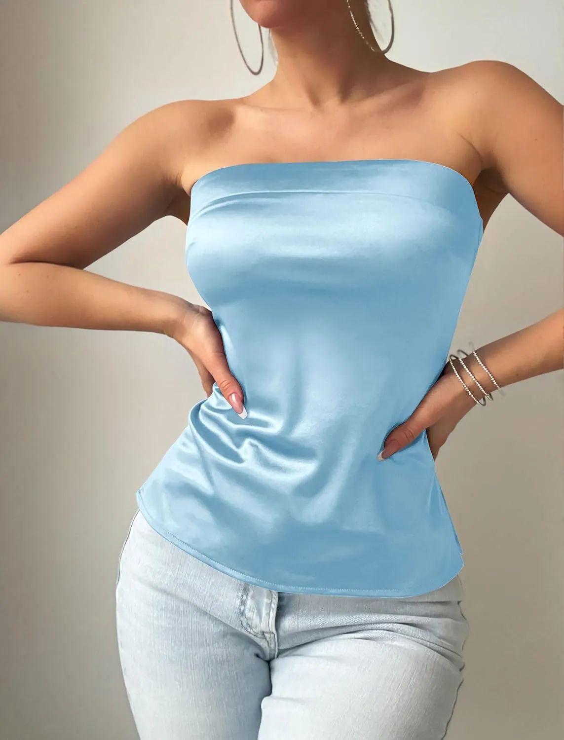 ZAFUL Women Satin Strapless Tube Tops Side Split Sleeveless Backless Bandeau Top Going Out Bustier Tops Silk Tank Top