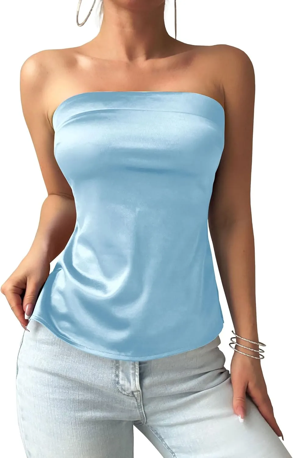 ZAFUL Women Satin Strapless Tube Tops Side Split Sleeveless Backless Bandeau Top Going Out Bustier Tops Silk Tank Top