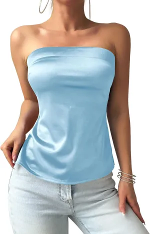 ZAFUL Women Satin Strapless Tube Tops Side Split Sleeveless Backless Bandeau Top Going Out Bustier Tops Silk Tank Top