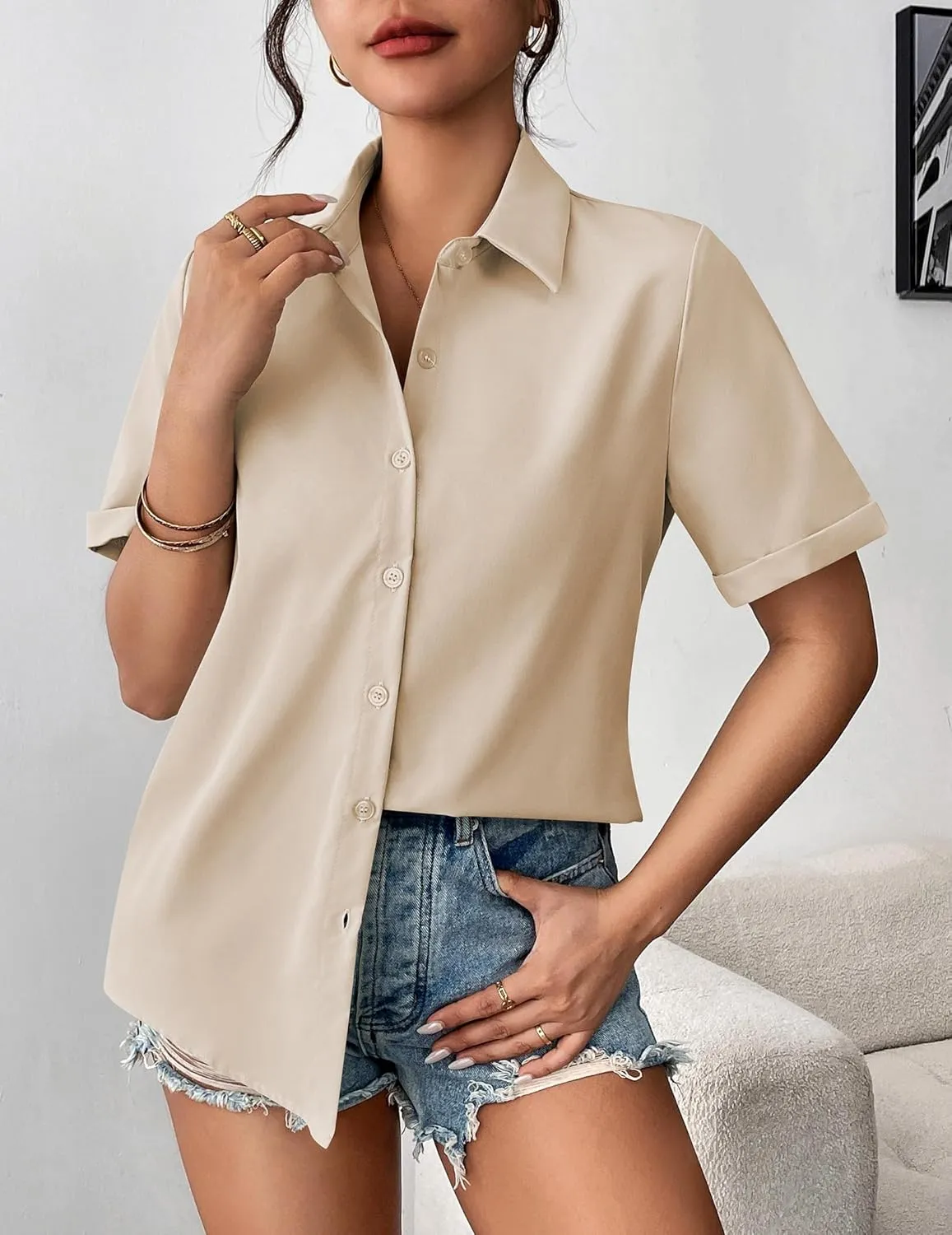 Zeagoo Womens Button Down Blouse Rolled Cuffed Short Sleeve Shirts Casual Work Blouse Summer Hawaiian Outfits