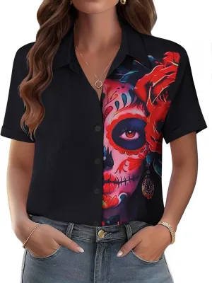 Zeagoo Womens Button Down Blouse Rolled Cuffed Short Sleeve Shirts Casual Work Blouse Summer Hawaiian Outfits