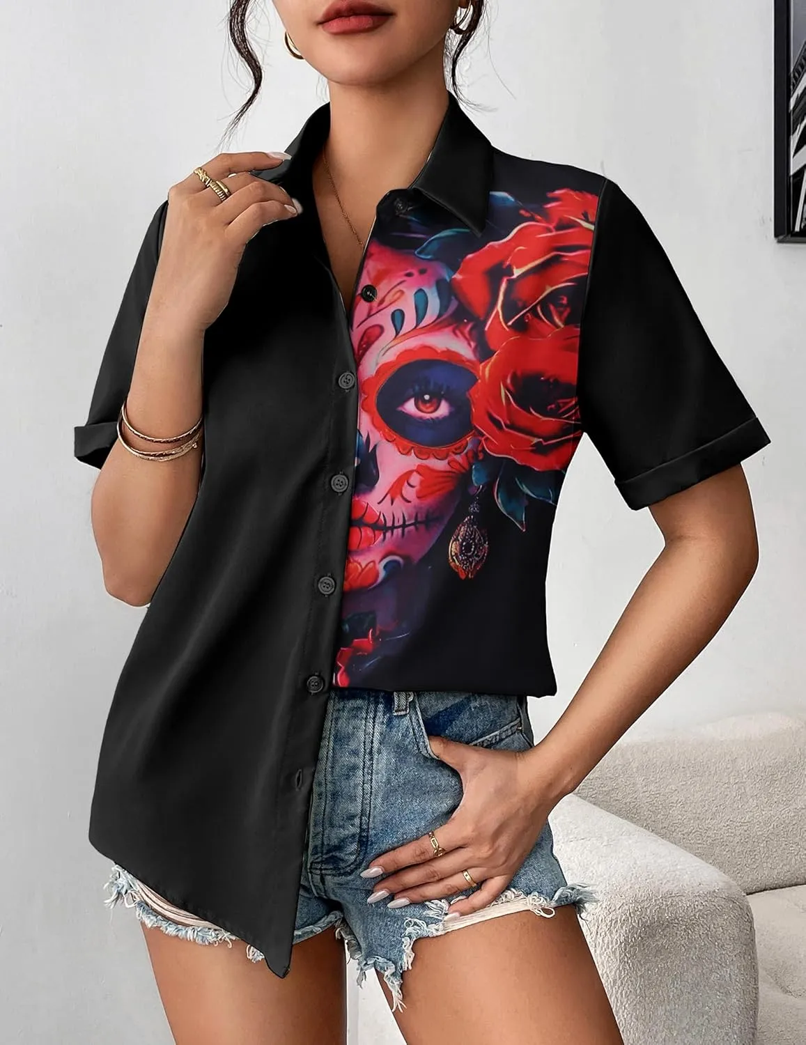Zeagoo Womens Button Down Blouse Rolled Cuffed Short Sleeve Shirts Casual Work Blouse Summer Hawaiian Outfits