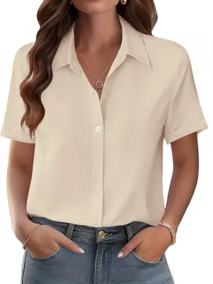 Zeagoo Womens Button Down Blouse Rolled Cuffed Short Sleeve Shirts Casual Work Blouse Summer Hawaiian Outfits
