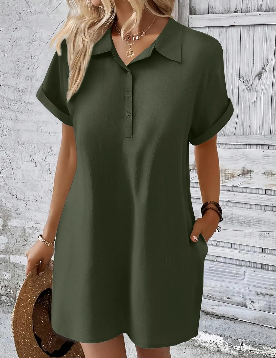 Zeagoo Womens Cotton Shirt Dress Summer Casual Short Sleeve Button Down Beach Cover Up Shirts with Pockets