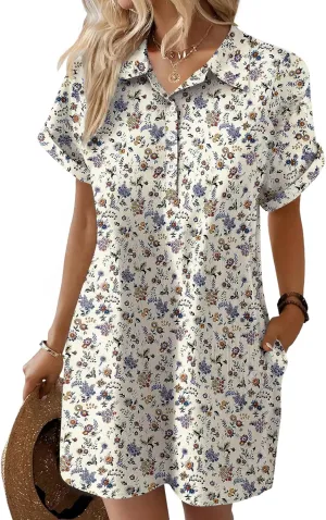 Zeagoo Womens Cotton Shirt Dress Summer Casual Short Sleeve Button Down Beach Cover Up Shirts with Pockets