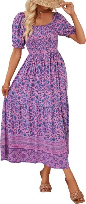 ZESICA Women's 2025 Summer Boho Floral Print Square Neck Ruffle Swing Beach Long Maxi Dress